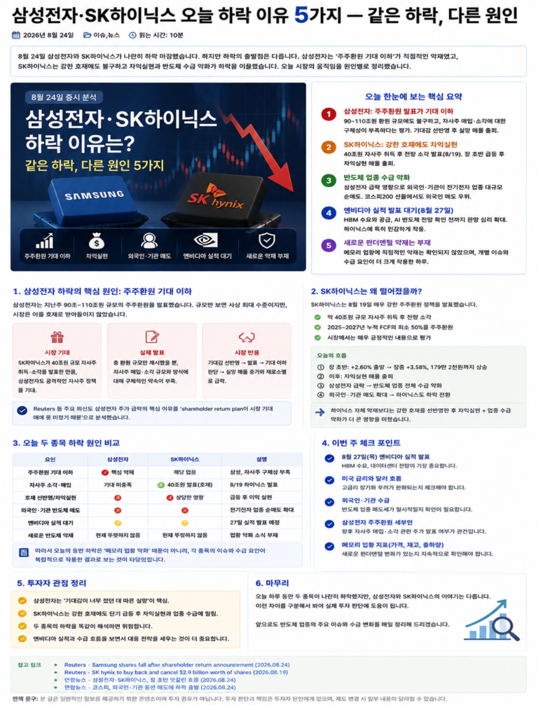 반도체주 삼성전자 SK하이닉스 8월24일 하락 원인 분석 이미지